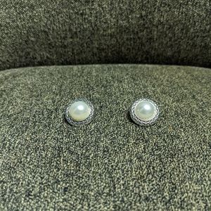Faux pearl and silver tone metal earrings